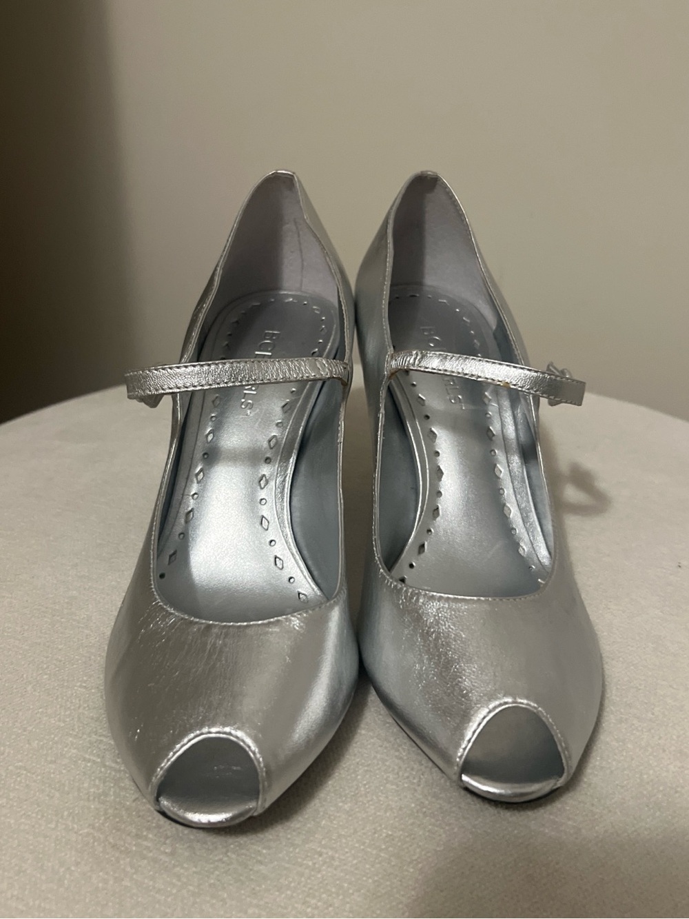 BCBG Silver Peep-Toe Mary Jane Heels